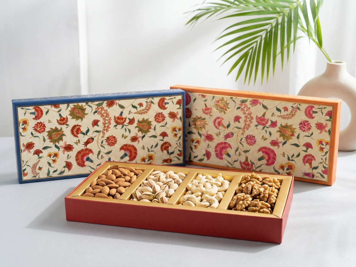 New Ruby Orange 4 Part Dry Fruit Box – 200 g | Premium Partition Packaging