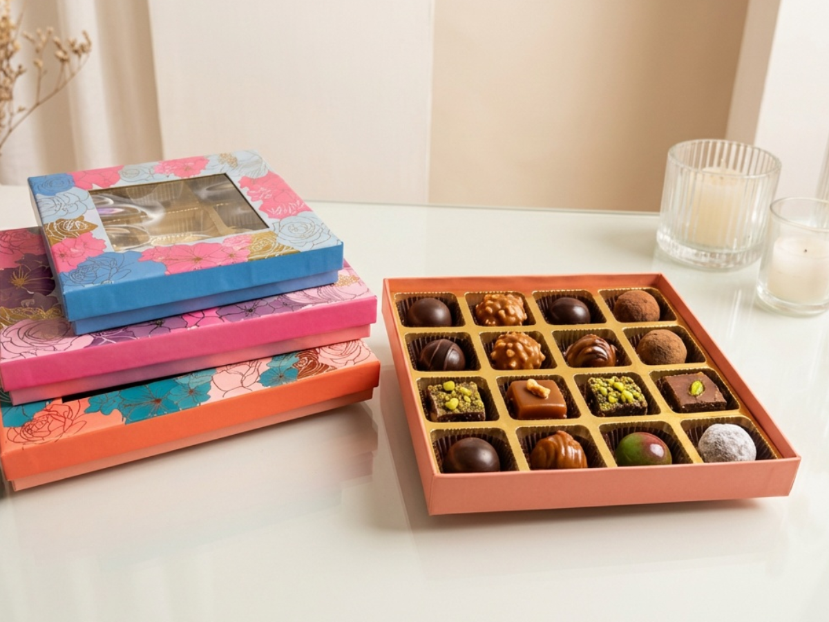 Florecent Window Chocolate Box – 16 Pieces | Premium Chocolate Packaging