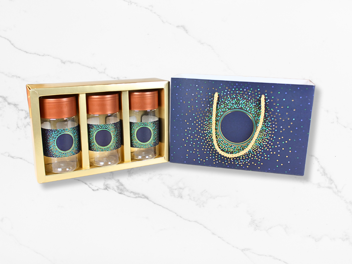 Carry Bag Blue Hamper with 3 Plastic Jars – Premium Festive Gift Packaging