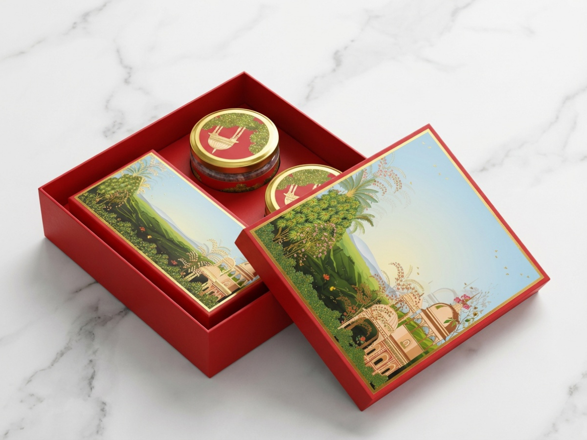 Jade Luxury Hamper Box with Round Jars & Mithai Tray | Premium Festive Hamper Packaging