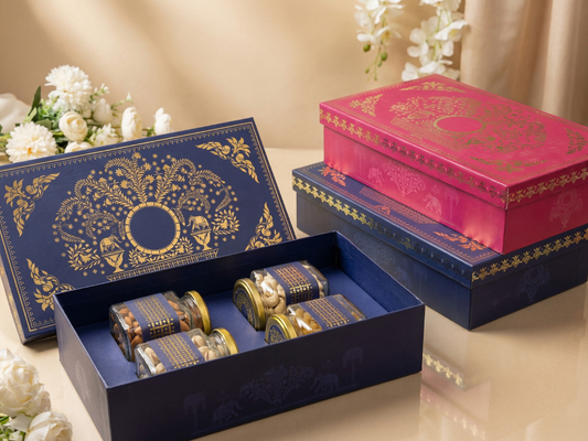 Marvel Luxury Hamper Box with 4 Square Jars | Premium Festive Hamper Packaging