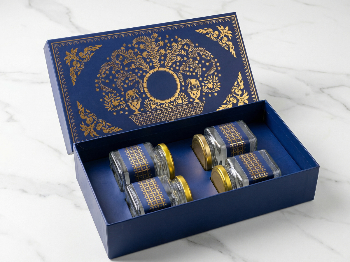 Marvel Luxury Hamper Box with 4 Square Jars | Premium Festive Hamper Packaging