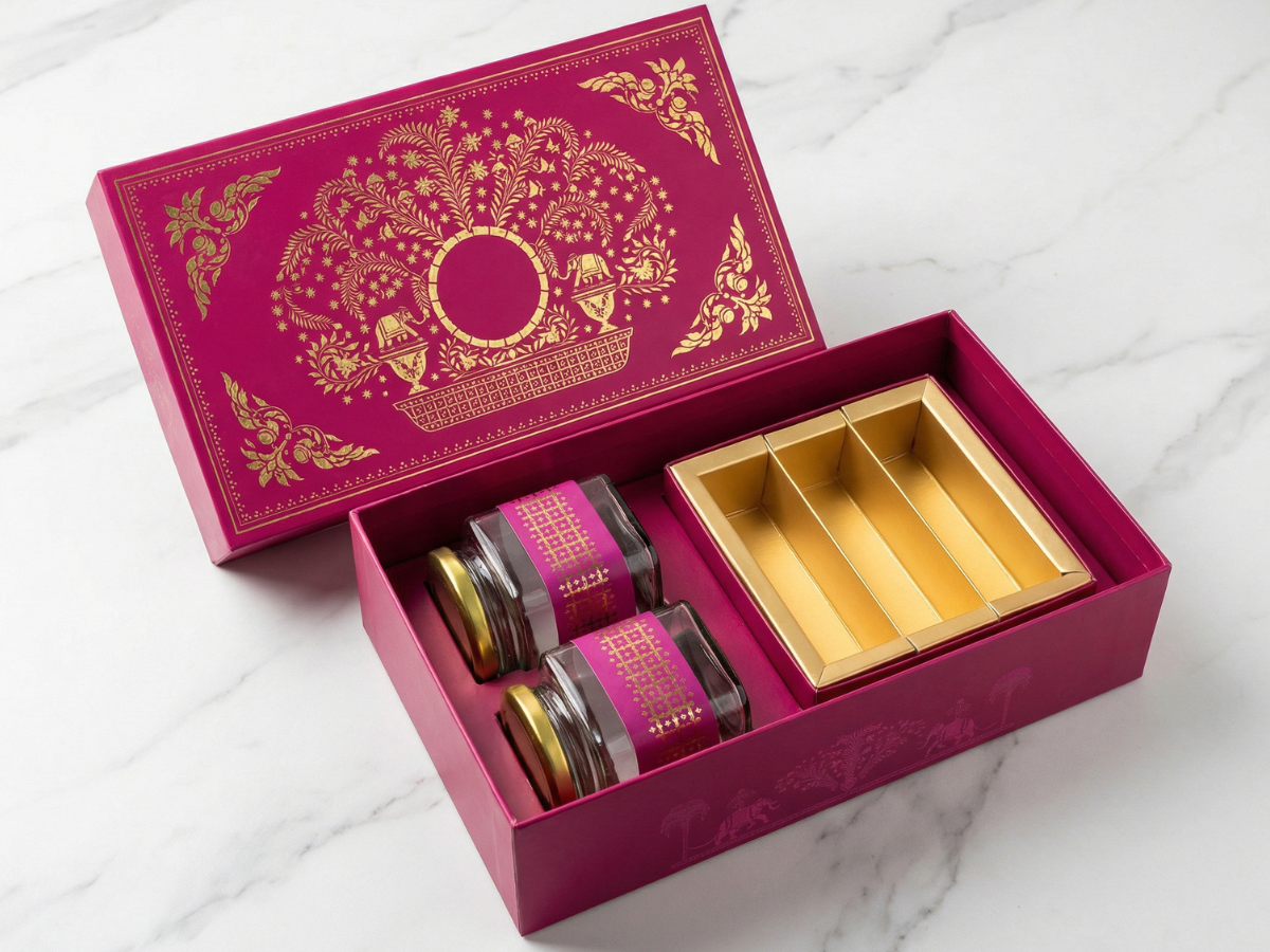 Marvel Luxury Hamper Box with Square Jars & Mithai Tray | Premium Festive Hamper Packaging