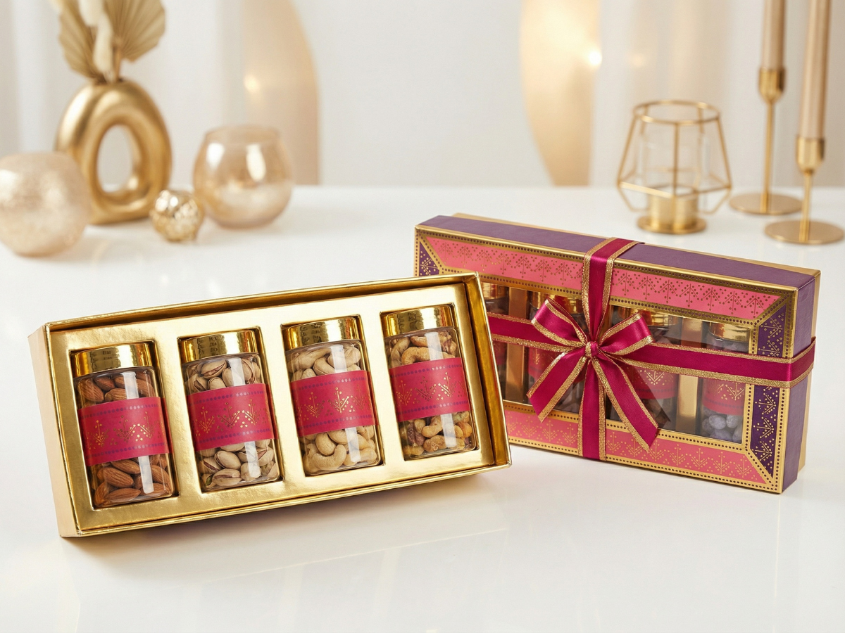 Boota Window Hamper Box with 4 Plastic Jars | Premium Festive Gift Packaging