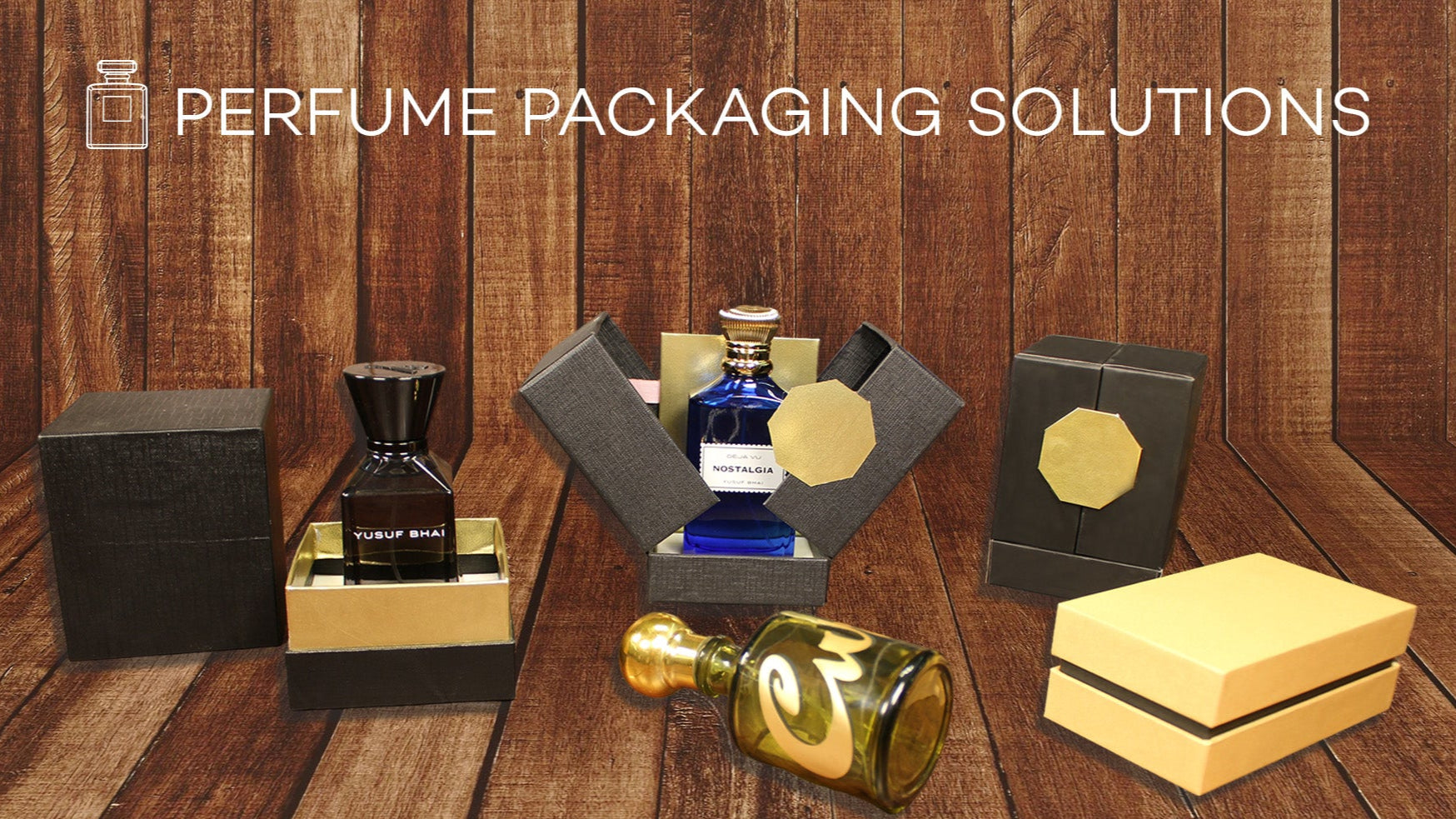 Perfume packaging solutions displayed on a wooden surface with 'Perfume Packaging Solutions' text.