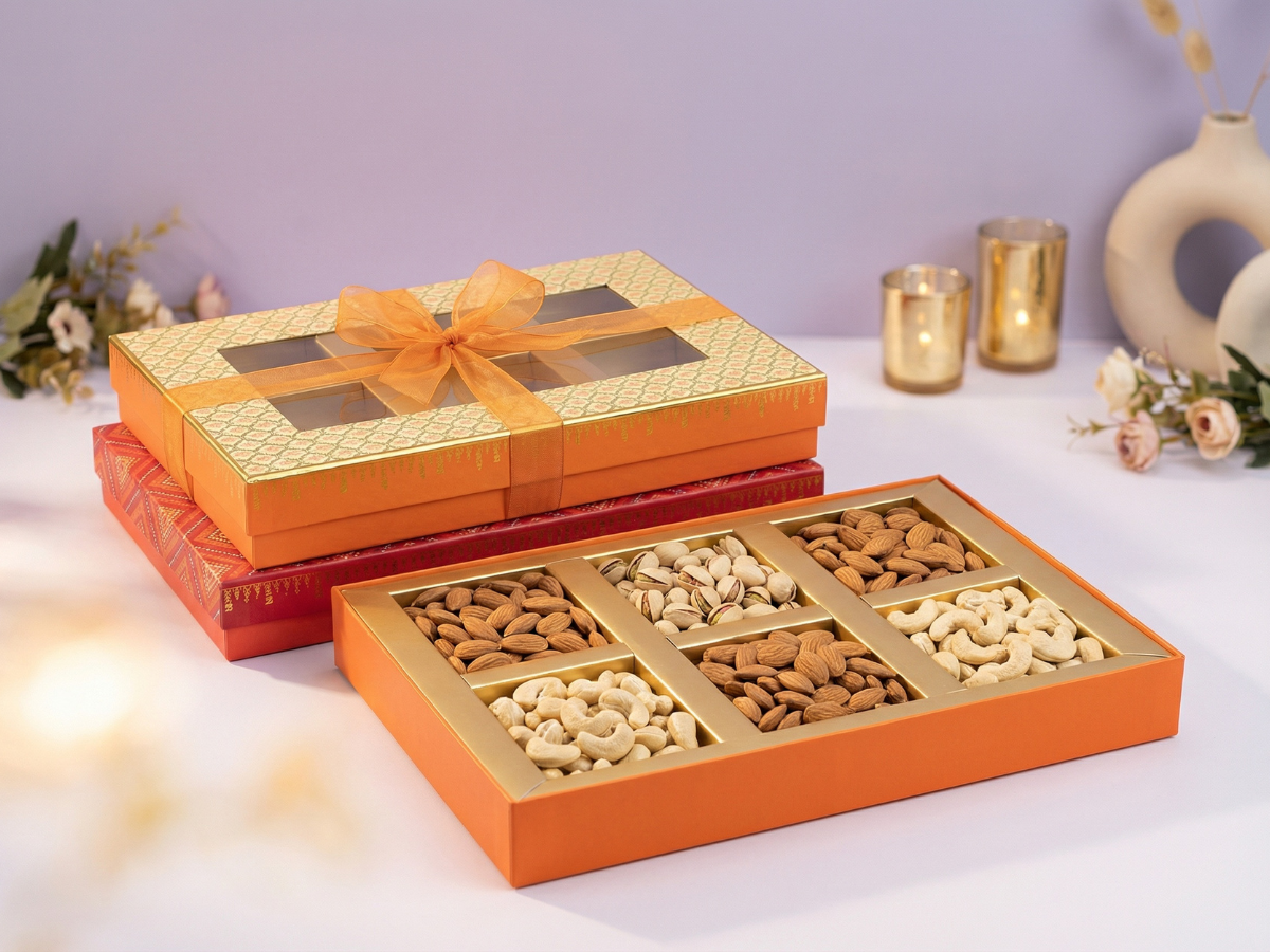 Regal Window 6 Part Dry Fruit Box – 900 g | Premium Window Partition Packaging