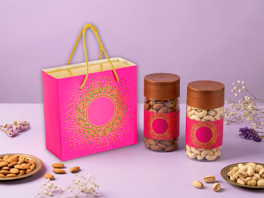 Pink Carry Bag Hamper with 2 Plastic Jars | Premium Festive Gift Packaging