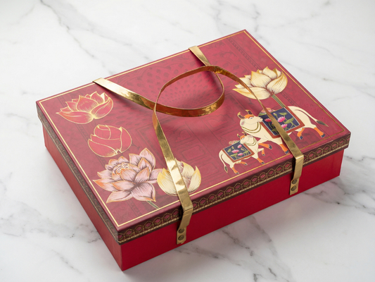 Pichwai Luxury Hamper Box with 6 Hexagon Jars | Premium Heritage Hamper Packaging