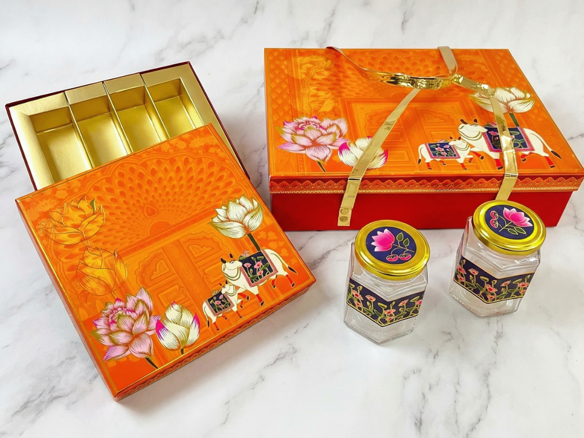 Pichwai Luxury Hamper Box with Hexagon Jars & Sweet Box | Premium Heritage Hamper Packaging