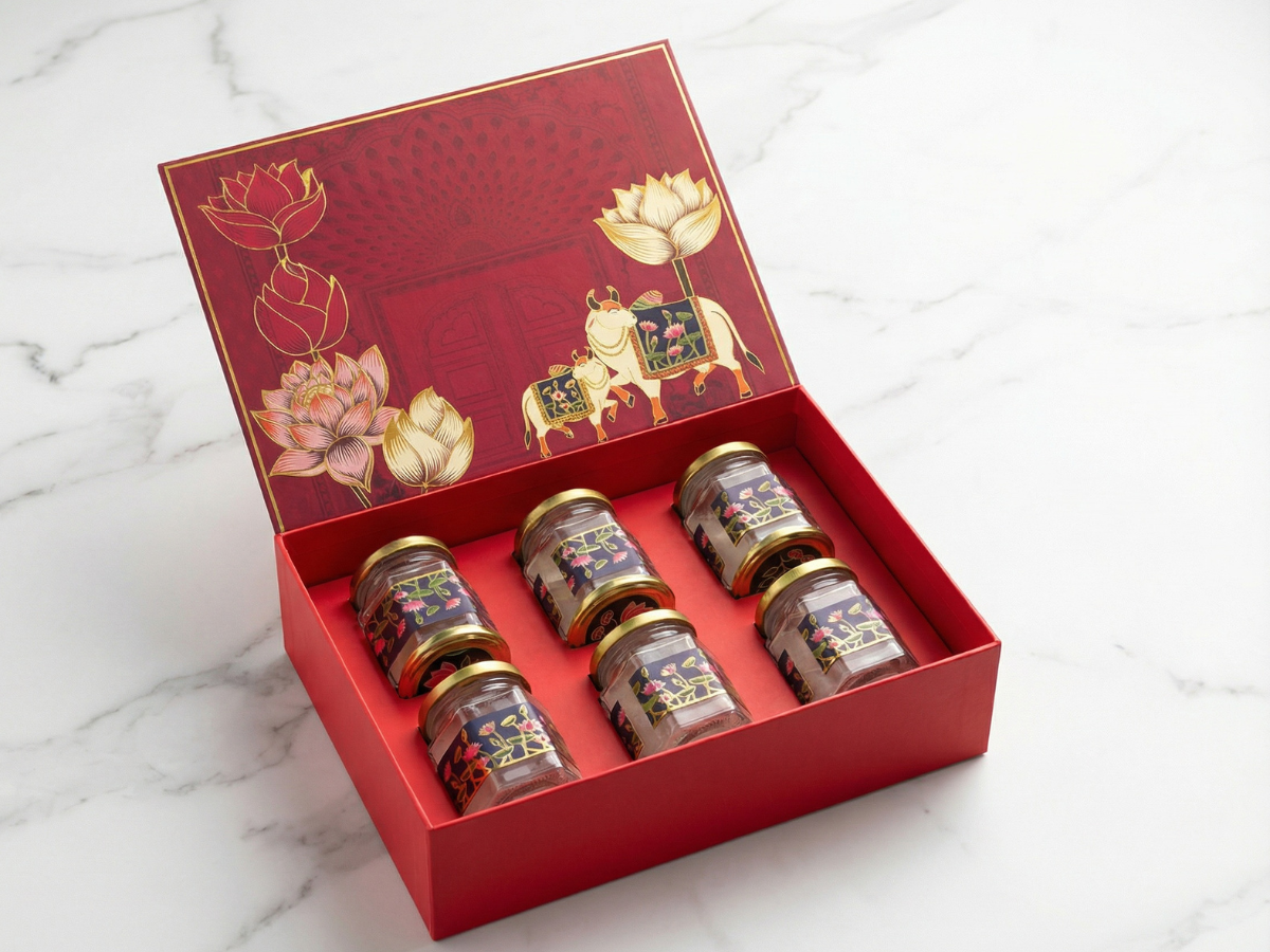 Pichwai Luxury Hamper Box with 6 Hexagon Jars | Premium Heritage Hamper Packaging