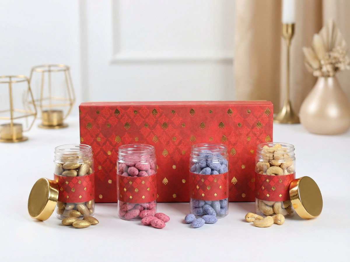 Boota Covered Hamper Box with 4 Plastic Jars | Premium Festive Gift Packaging