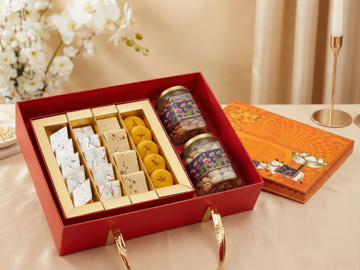 Pichwai Luxury Hamper Box with Hexagon Jars & Sweet Box | Premium Heritage Hamper Packaging