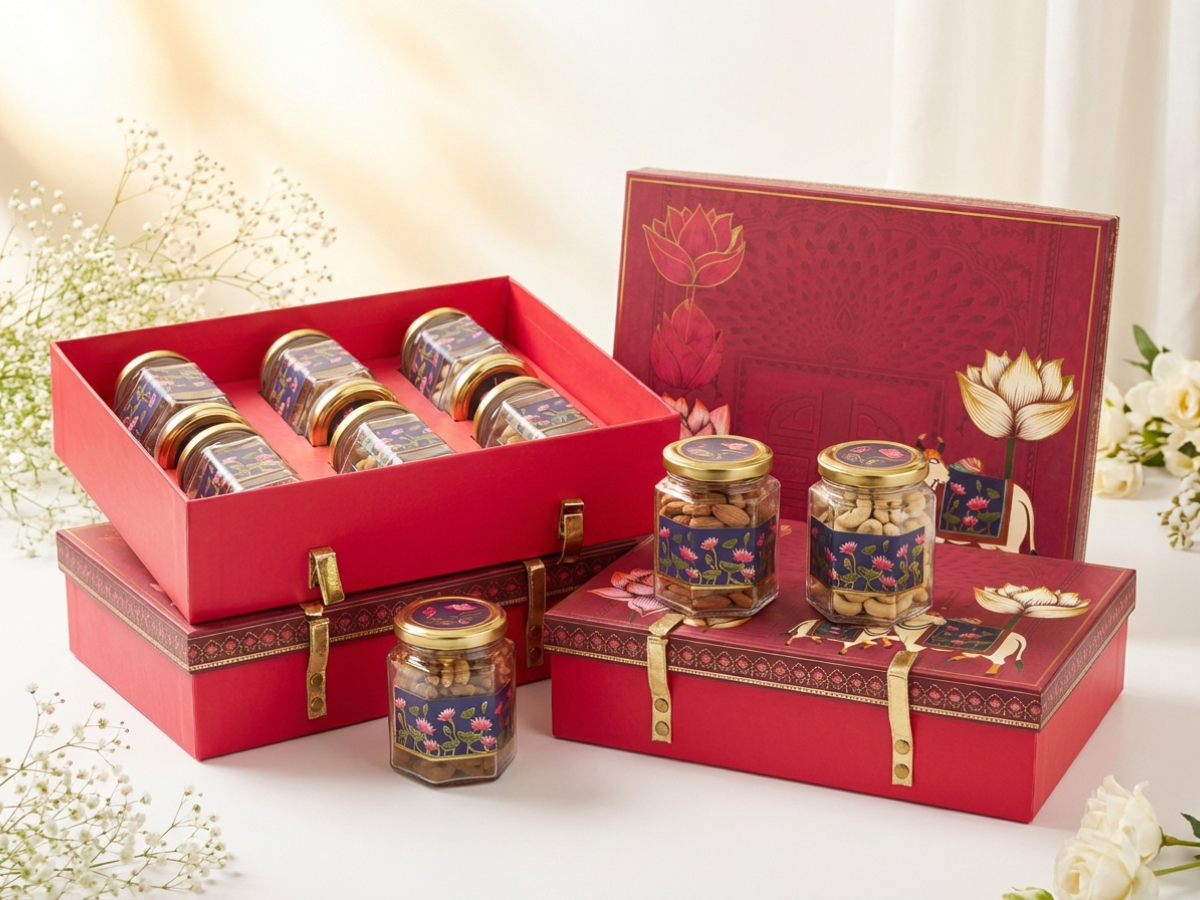 Pichwai Luxury Hamper Box with 6 Hexagon Jars | Premium Heritage Hamper Packaging