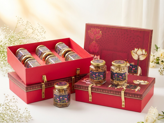 Pichwai Luxury Hamper Box with 6 Hexagon Jars | Premium Heritage Hamper Packaging
