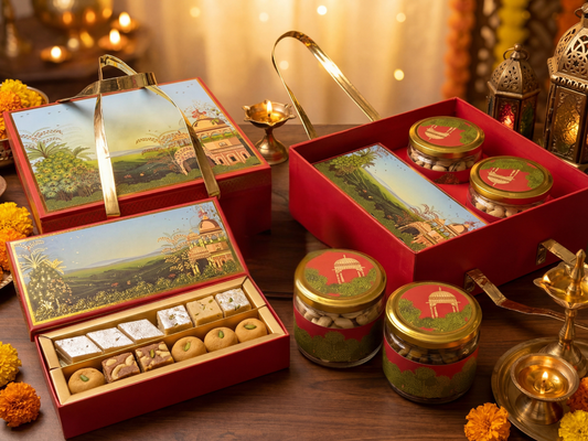 Jade Luxury Hamper Box with Round Jars & Mithai Tray | Premium Festive Hamper Packaging