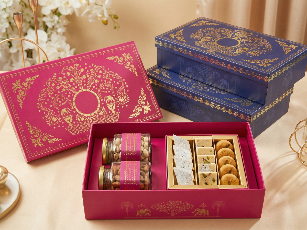 Marvel Luxury Hamper Box with Square Jars & Mithai Tray | Premium Festive Hamper Packaging